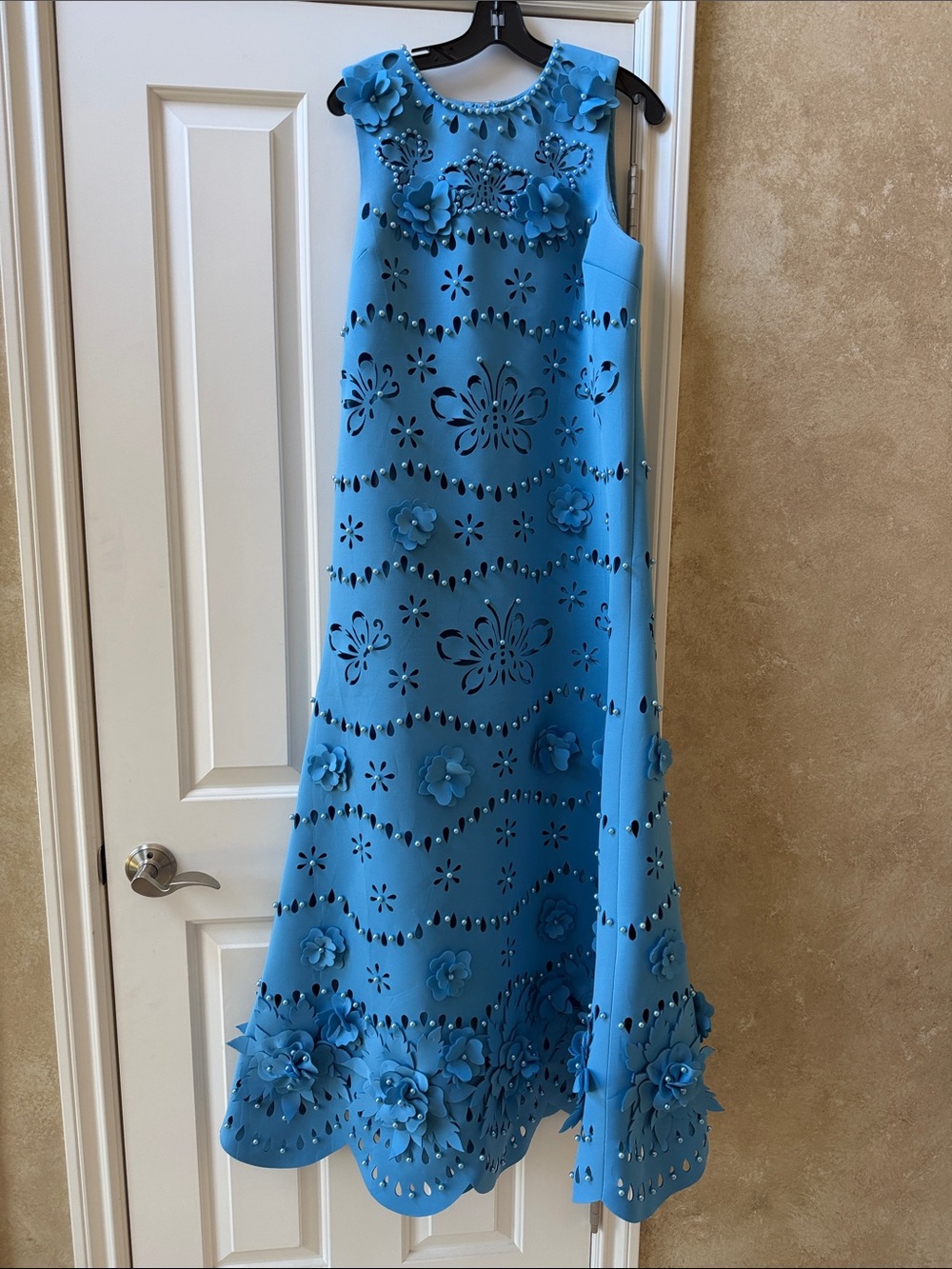 Badgley Mischka Blue Floral Appliqué Maxi Dress